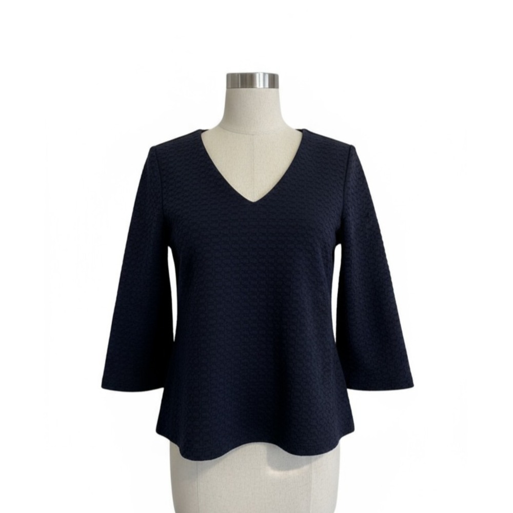 Ann Taylor Weave Top Navy Blue V-Neck‎ 3/4 Sleeve Size X-Small XS Polyester